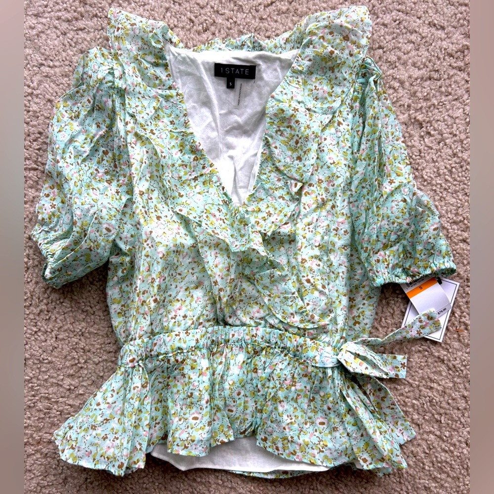 1. State Floral Ruffle Blouse - Light Teal